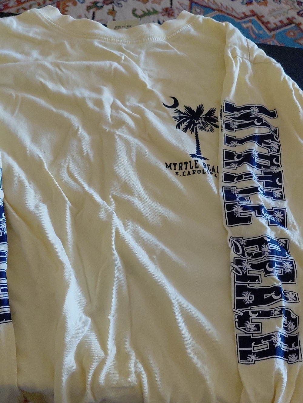Long Sleeve Graphic Tee - Light Yellow with Navy Print